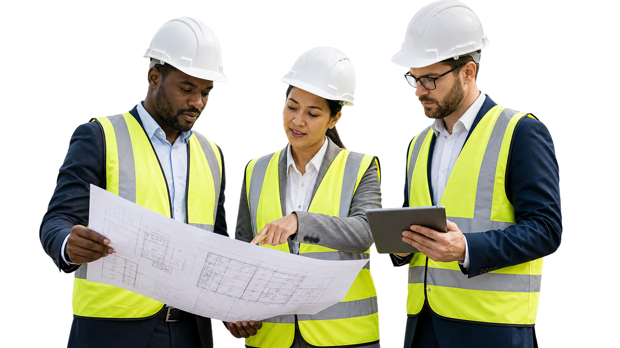 A quantity surveying professional reviewing site plans on a tablet, on a construction site